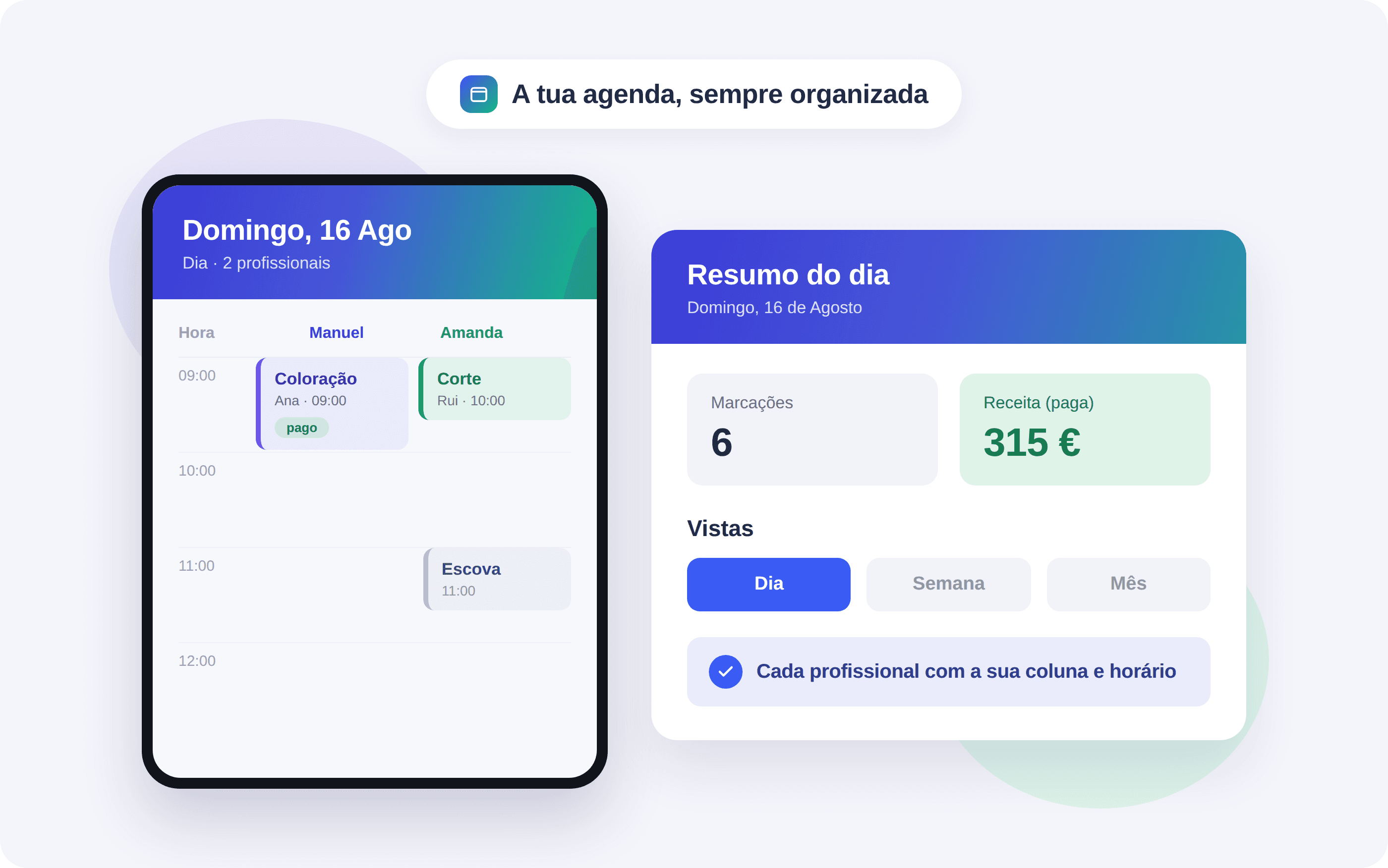 Demonstração da agenda SecretAI, com uma coluna por profissional e o resumo do dia