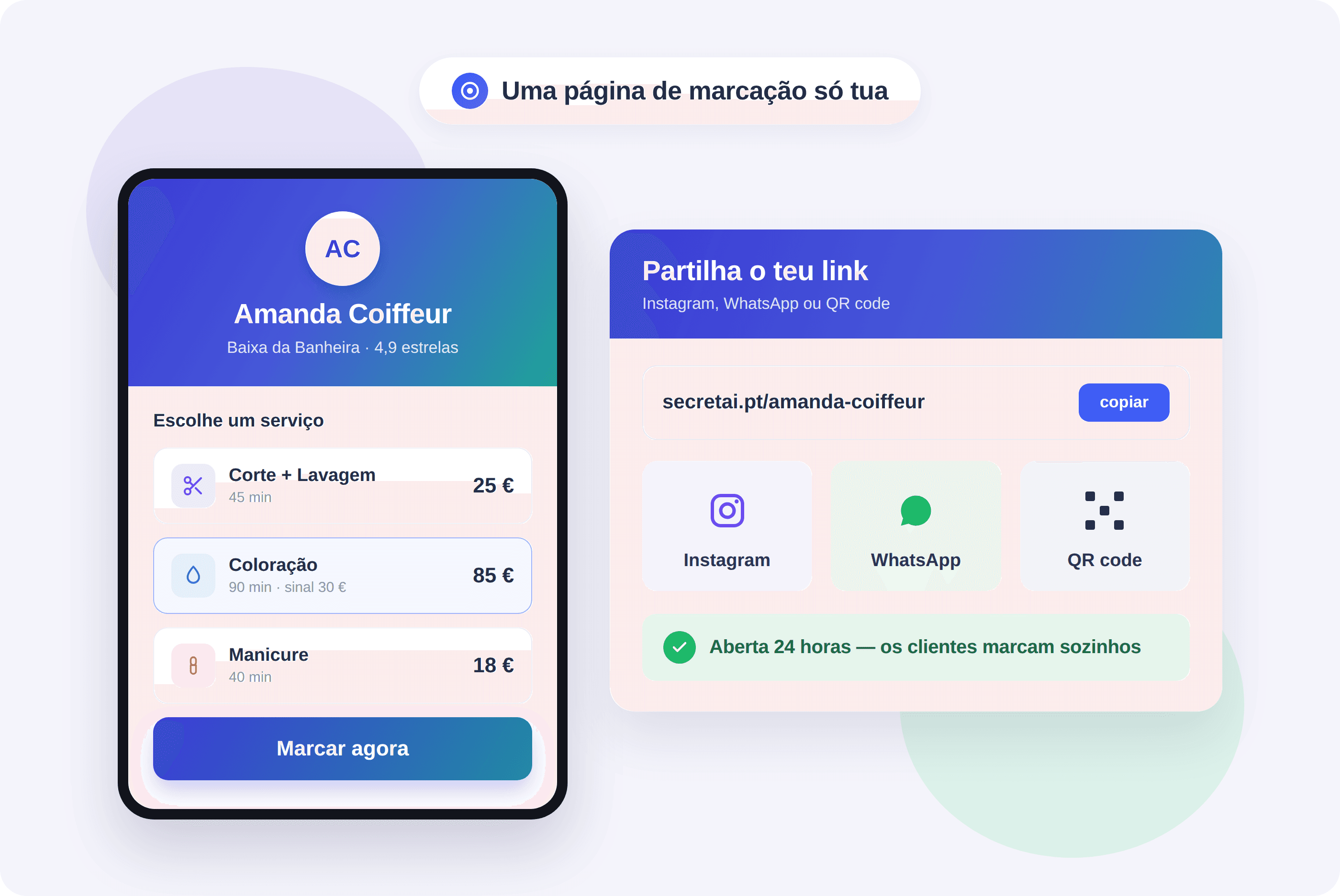 Demonstração da página pública de marcações e da partilha do link por Instagram, WhatsApp ou QR code